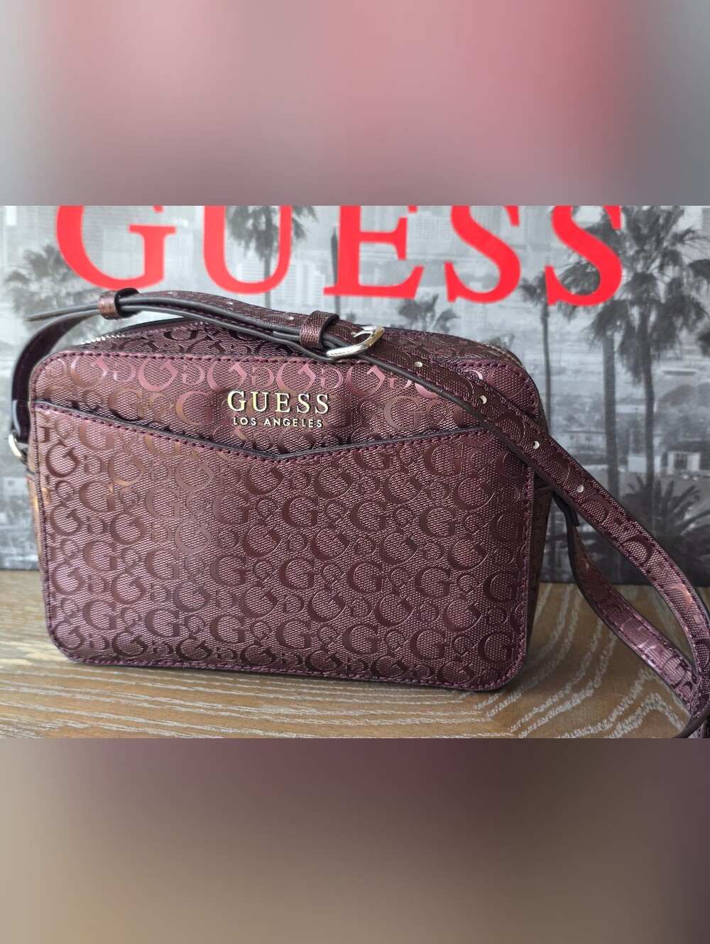 GUESS Women's Brown Logo Zip Crossbody Bag Monogram Adjustable Strap Excellent!